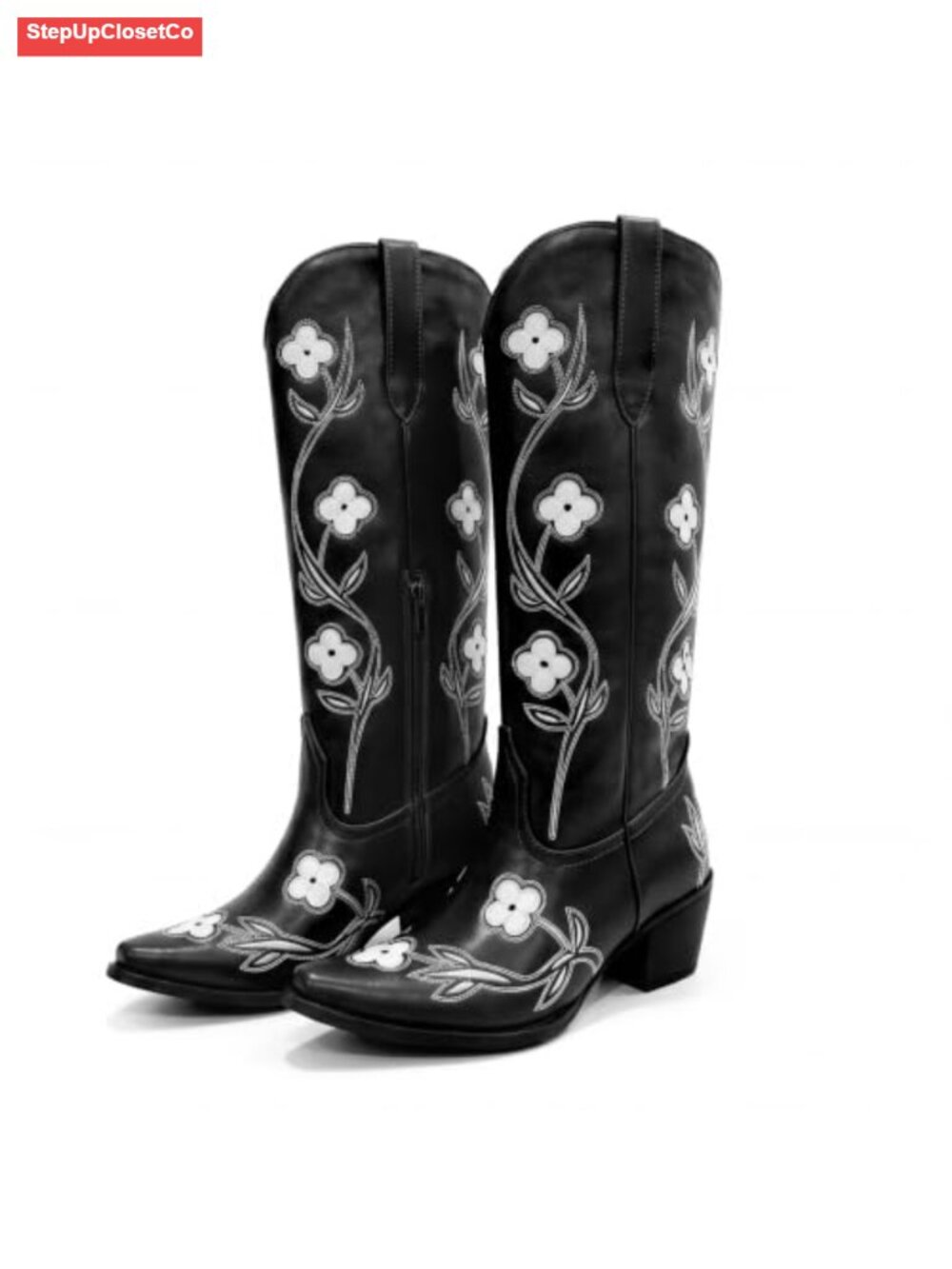 Womens Knee High Cowboy Boots Floral Embroidery Chunky Block Heel Western